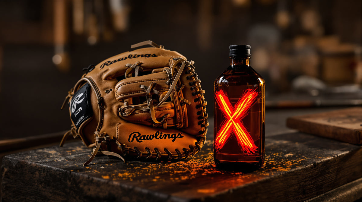 Baseball glove next to an oil bottle marked with a warning X — why not to oil a new glove