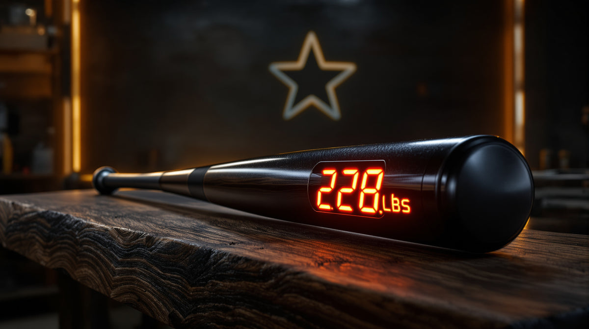 Composite baseball bat with a digital compression reading of 228 lbs — bat compression testing guide